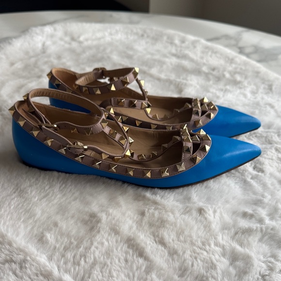 Valentino Garavani Shoes - Valentino Garavani Blue and Taupe Rockstud Pointed-Toe Flats